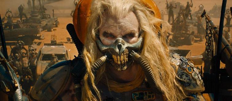 Hugh Keays-Byrne leading desert convoy as Immortan Joe in Mad Max Fury Road