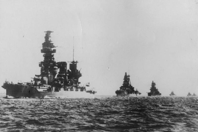 circa 1941:  A Japanese battleship squadron led by Battleship Fuso (or Huso) during manoeuvres off Malaya.