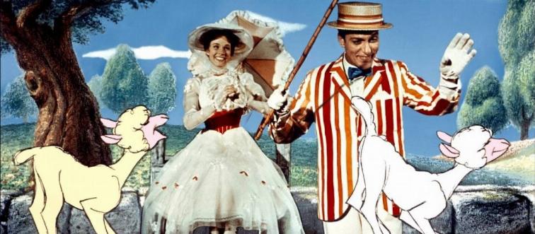 Julie Andrews and Dick Van Dyke frolixking as Mary Poppins and Burt amid cartoon sheep
