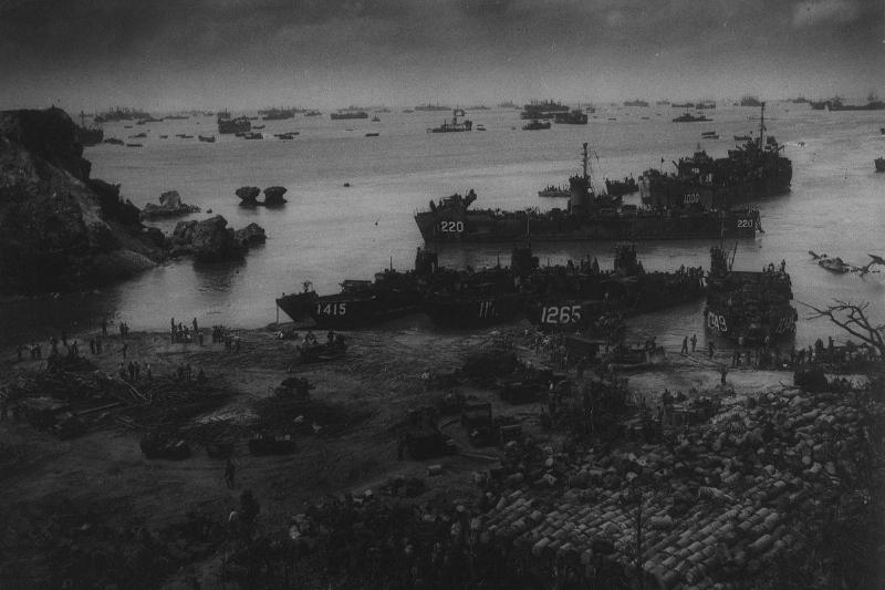 Hundreds American naval vessels of all sizes fill the horizon after a beachhead has been established on Okinawa.