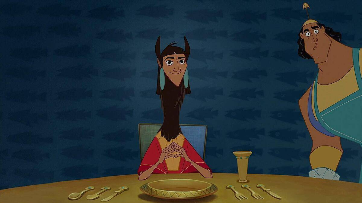 Kuzco as a llama sitting at dinner table next to a bewildered Kronk in The Emperor's New Groove
