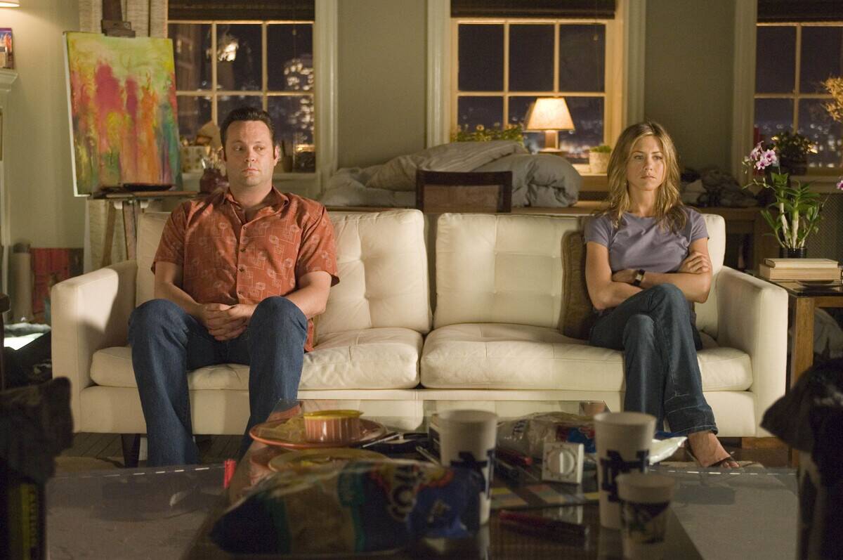 Vince Vaughn and Jennifer Aniston awkwardly sitting on couch with distance between them in The Break-Up