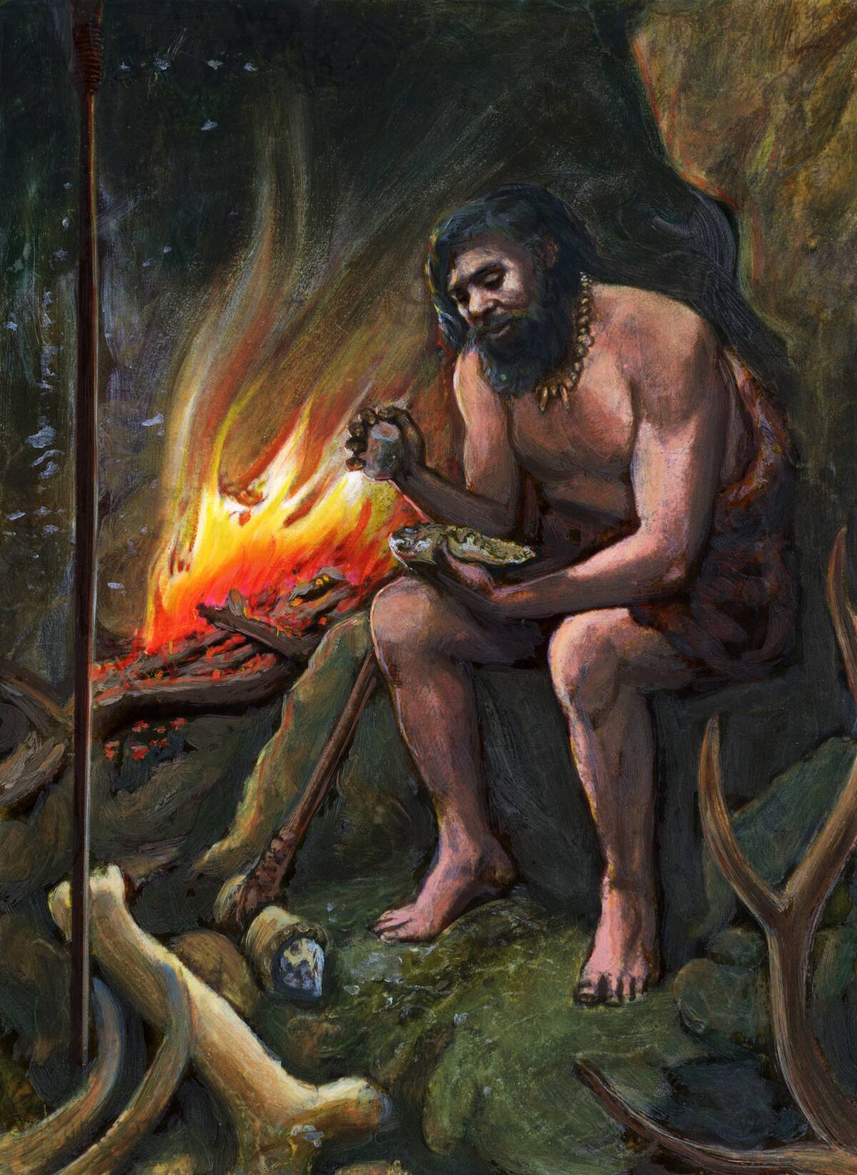 Illustration of a Prehistoric Man Making a Tool