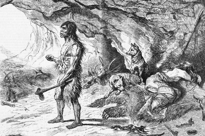 Illustration of Cave Dwellers Outside Their Cave with Dogs