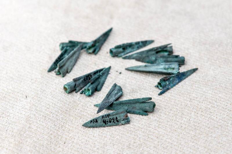 Arrowheads found in 1995 close to the untouched 2,500-year-old burial  site of a Scythian warrior that has been recently unearthed on 
Khortytsia Island are seen in the photo taken in Zaporizhzhia, 
southeastern Ukraine.