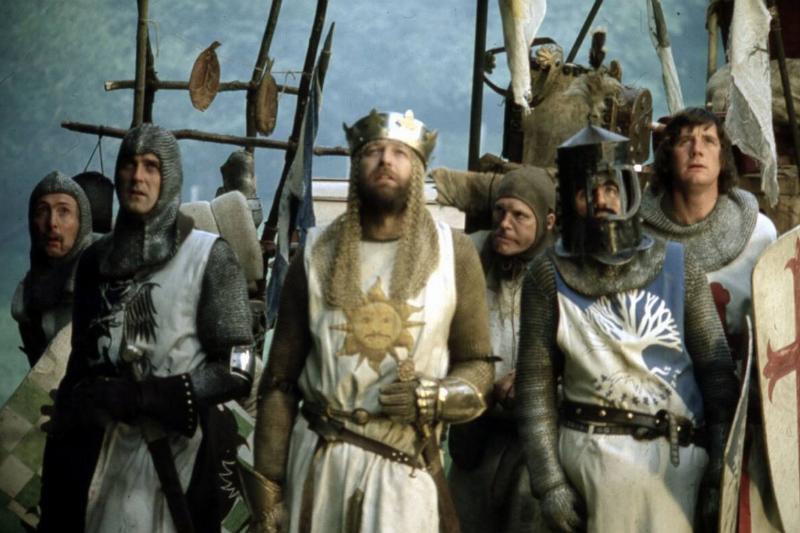 the cast of monty python and the holy grail looking up