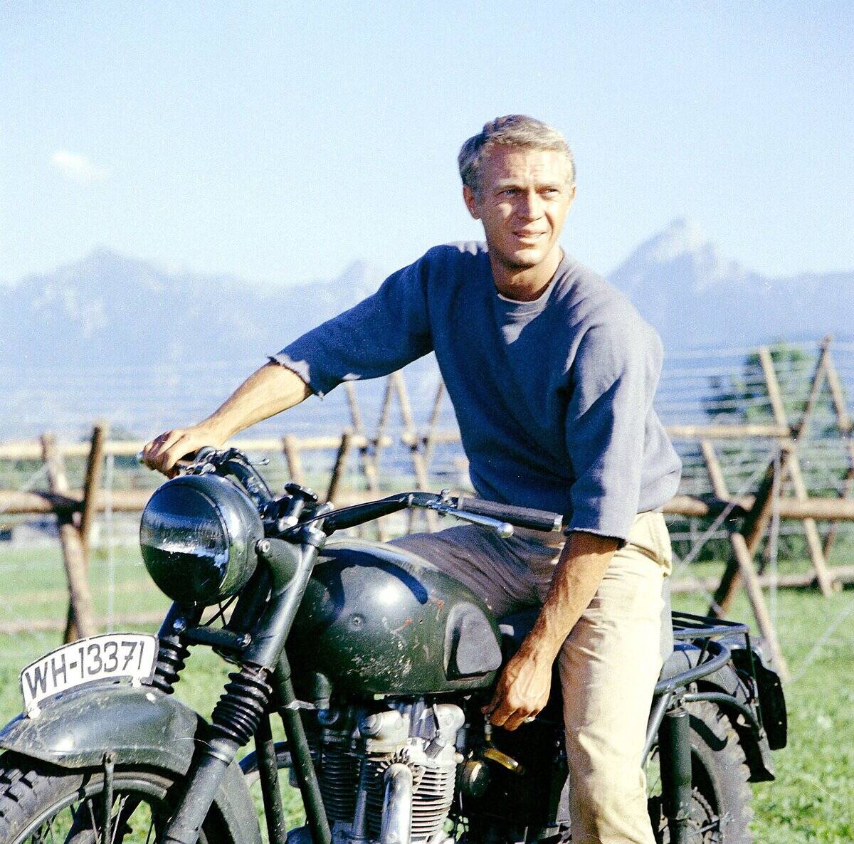 Steve McQueen sitting on Motorcycle as Hilts in The Great Escape