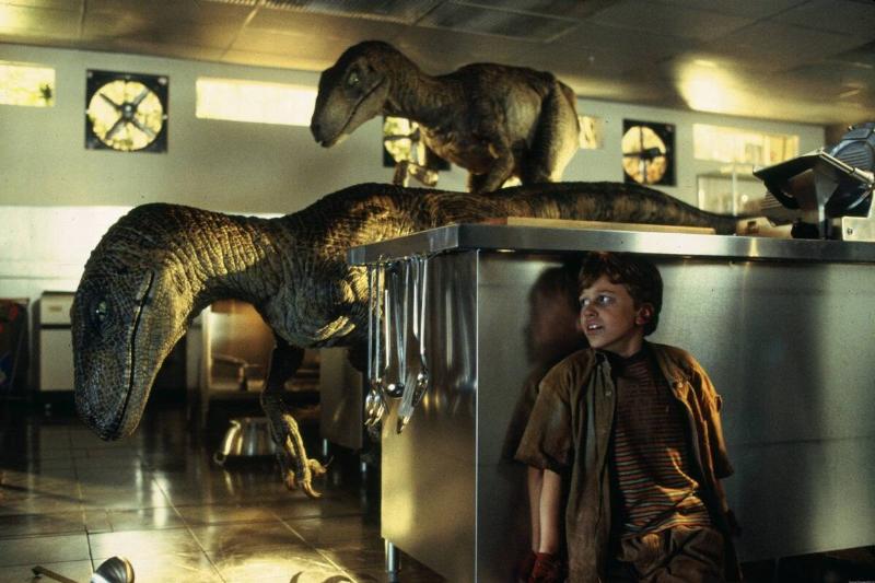 raptors menacing child in kitchen in Jurassic Park