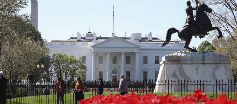 A view of tulips at Lafayette Square as the White House is seen behind in Washington, DC, United States on April 10, 2023.
