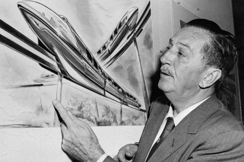 Walt Disney Looking at Illustration of Monorail