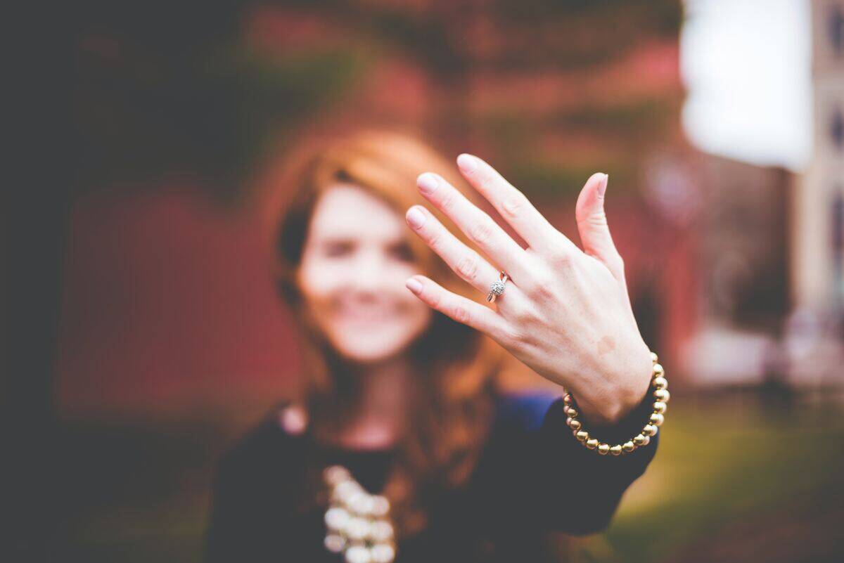 woman with blurred face holding out engagement ring