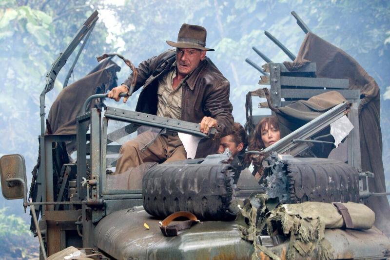 Harrison Ford, Karen Allen and Shia LaBeouf in damaged truck in Indiana Jones and the Kingdom of the Crystal Skull