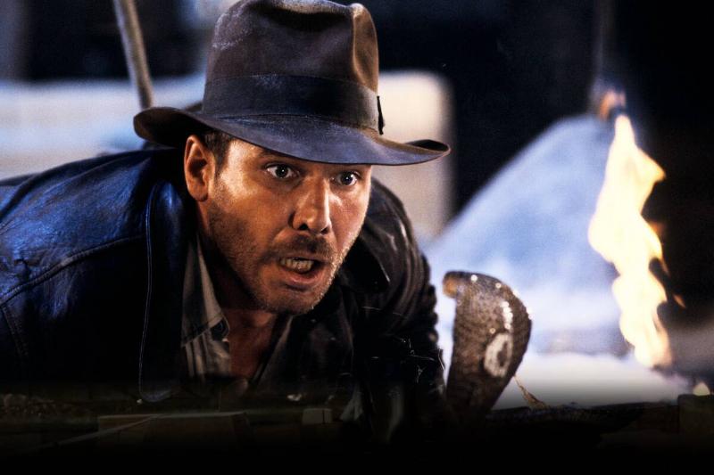 Harrison Ford grimacing at cobra as Indiana Jones in Raiders Of The Lost Ark