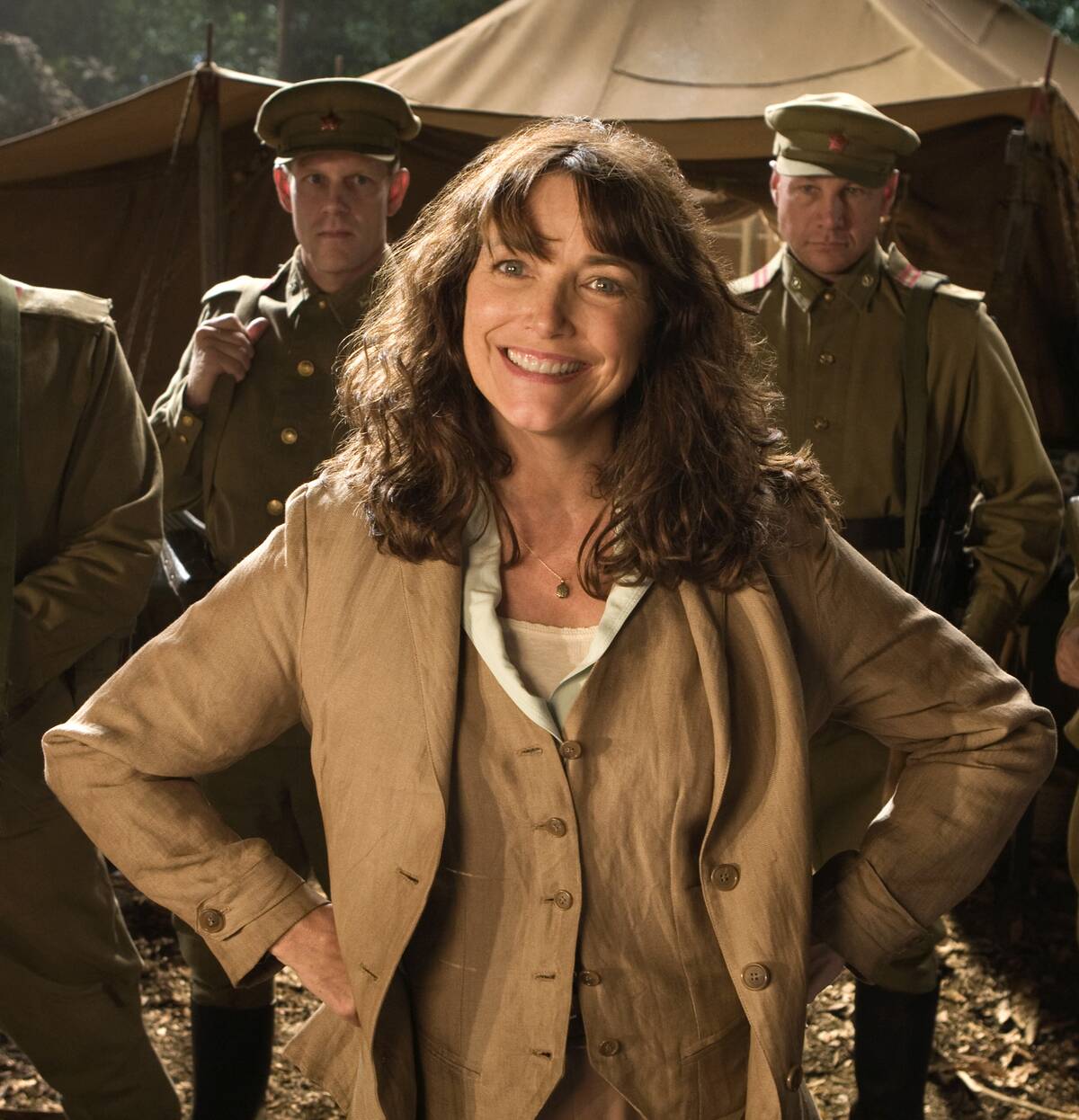 Karen Allen smiling as Marion Ravenwood in Indiana Jones Kingdom Of the Crystal Skull