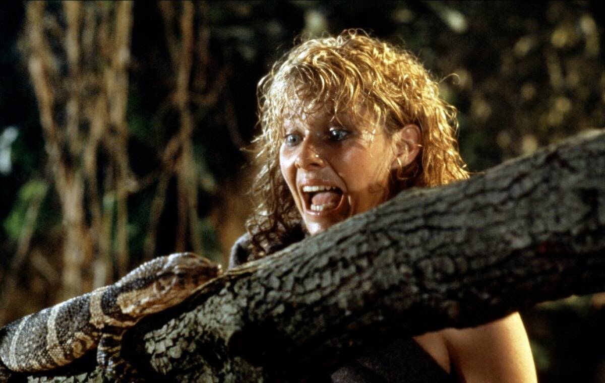 Kate Capshaw screaming at lizard as Willie Scott in Indiana Jones and the Temple of Doom