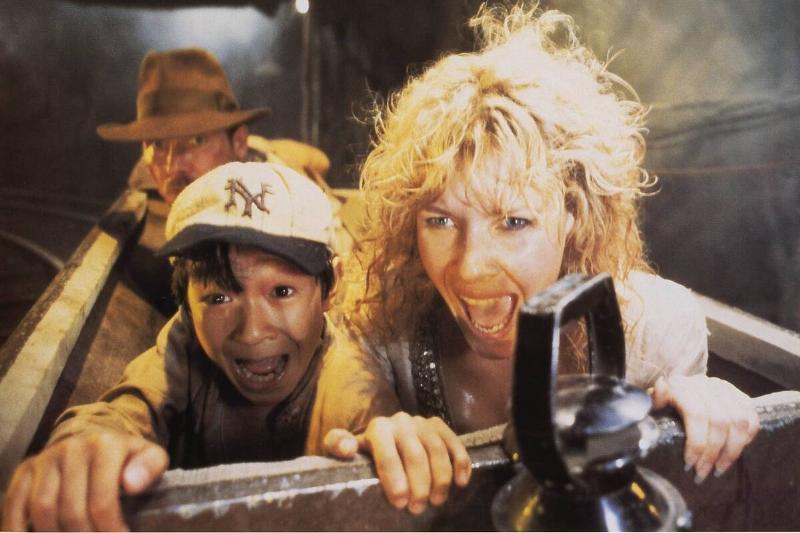 the cast of Indiana Jones and The Temple Of Doom screaming in mine cart