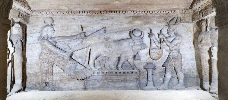 Carved tombs of the Kom El Shoqafa catacombs of Alexandria, Egypt