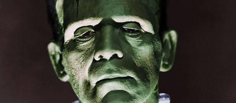 Closeup of Boris Karloff as the monster in a scene from Frankenstein