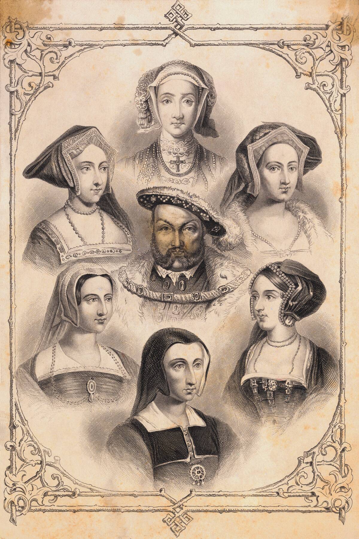 19th-Century Print of King Henry VIII and His Wives