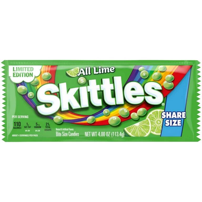 a bag of lime skittles