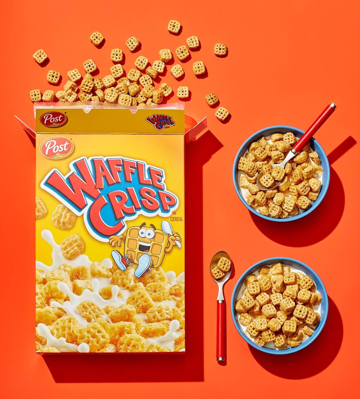 waffle crisp cereal in bowls and the box