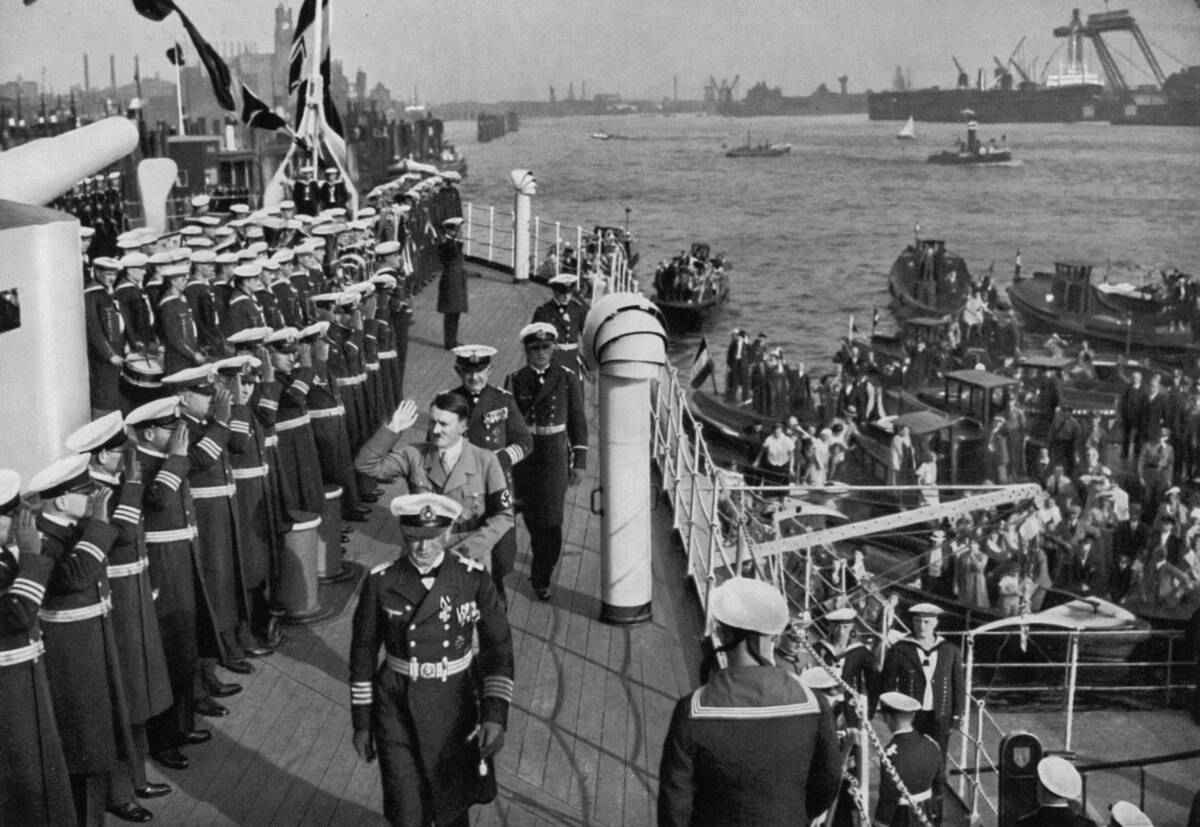 Adolf Hitler reviewing the battleship SMS 'Schleswig-Holstein', Hamburg, Germany, 1936.