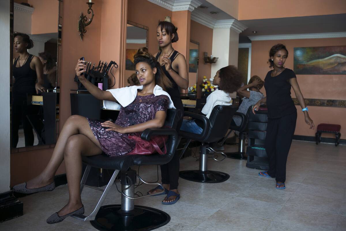 Models in a beauty salon at HUB Africa fashion week in Addis Ababa, Ethiopia