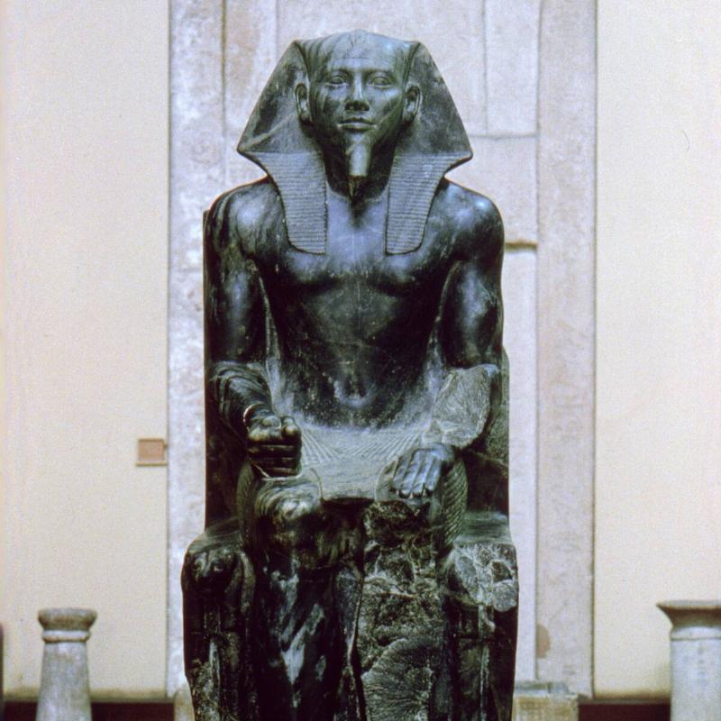 Diorite statue of the Ancient Egyptian pharaoh Khafre, 26th century BC. Diorite statue of the Ancient Egyptian pharaoh Khafre, 26th century BC.