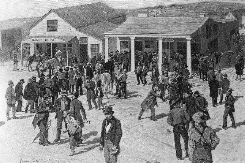 Gold rush California 1848-1854: San Francisco in its bonanza period . Gold diggers queue in front of the post office. 1849woodcut of A. Gastaigne, 1891