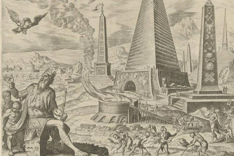In the background Egyptian pyramids and obelisks. Slaves scoop clay from the river In the background Egyptian pyramids and obelisks. Slaves scoop clay from the river