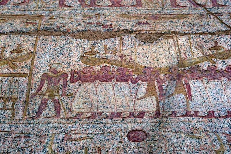 Painted relief showing a Ra sun boat carried in a procession, Ancient Egyptian.