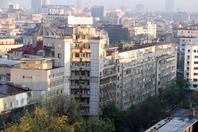 Stalinist era, soviet style buildings on the skyline of Bucharest, the Romanian capital 2022