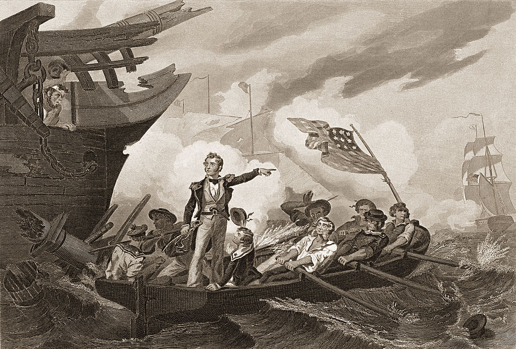 Commodore Perry as he leaves his sinking flagship 'Lawrence'