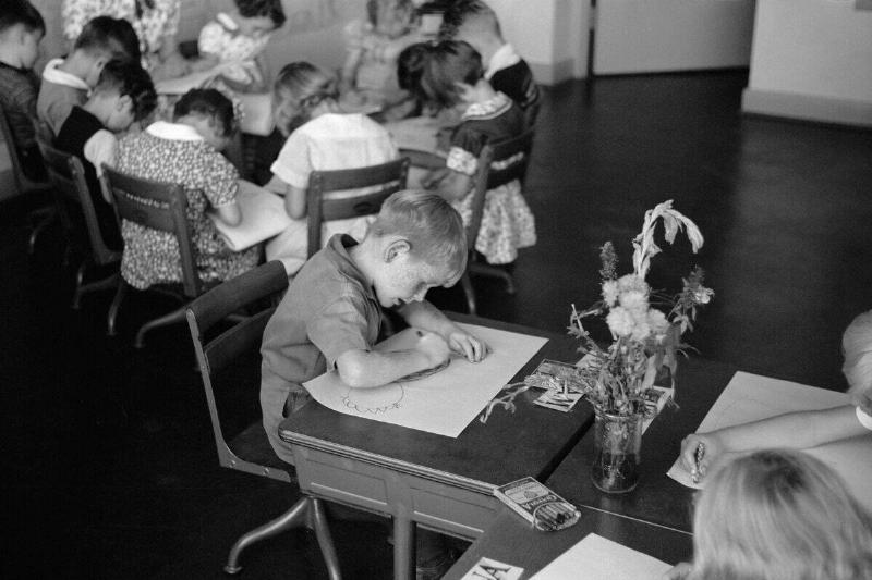 High Angle View of Children at Work in Classroom, Greenhills, Ohio, Greenbelt Community Constructed as Part of President Franklin Roosevelt's New Deal, October 1938