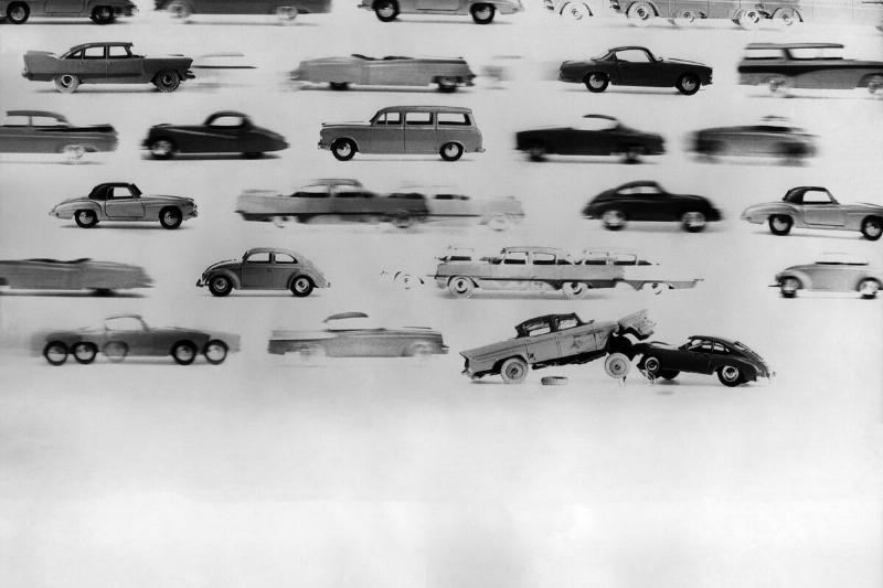 Photo Montage of Toy Cars Crashing in 1960's Photo Montage of Toy Cars Crashing in 1960's