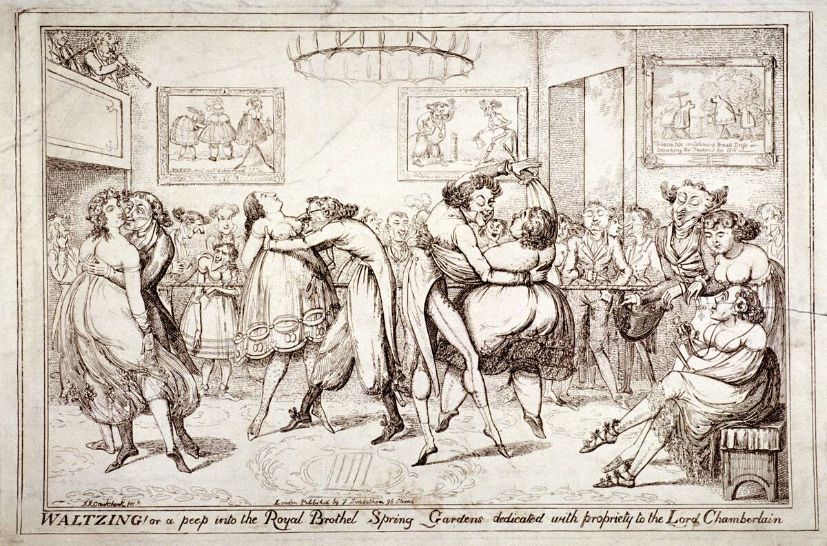 'Waltzing! Or a peep into the Royal Brothel, Spring Gardens', London, c1816. Artist: Isaac Robert Cruikshank