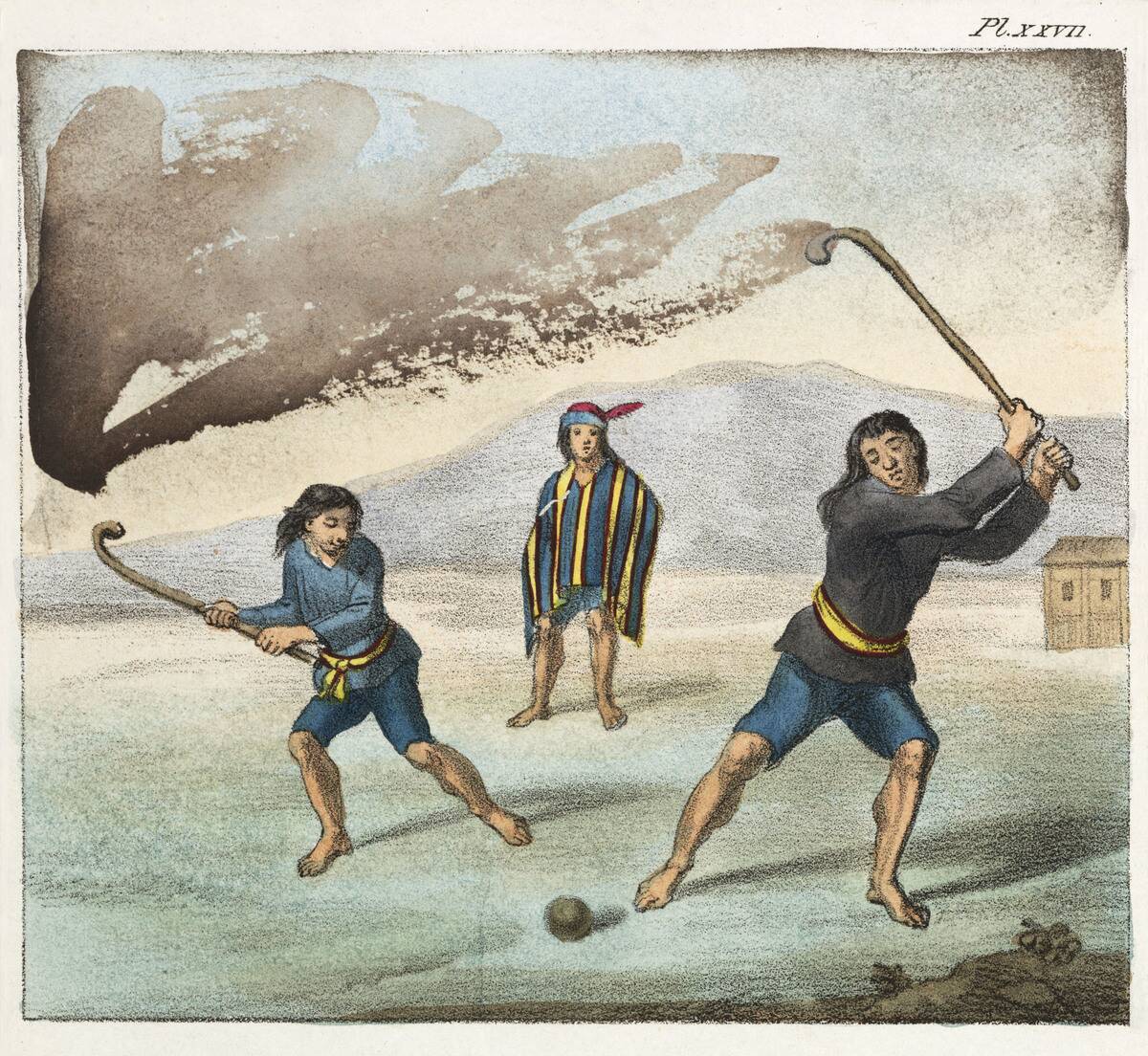 Araucano Indians playing hockey, Chile, 1820-1821.