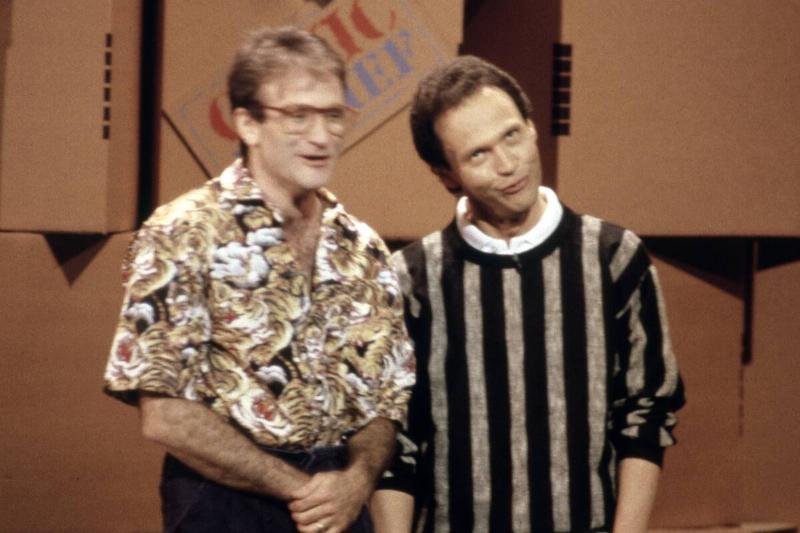 Robin Williams and Billy Crystal perform during Comic Relief Fundraising Concert 1986
