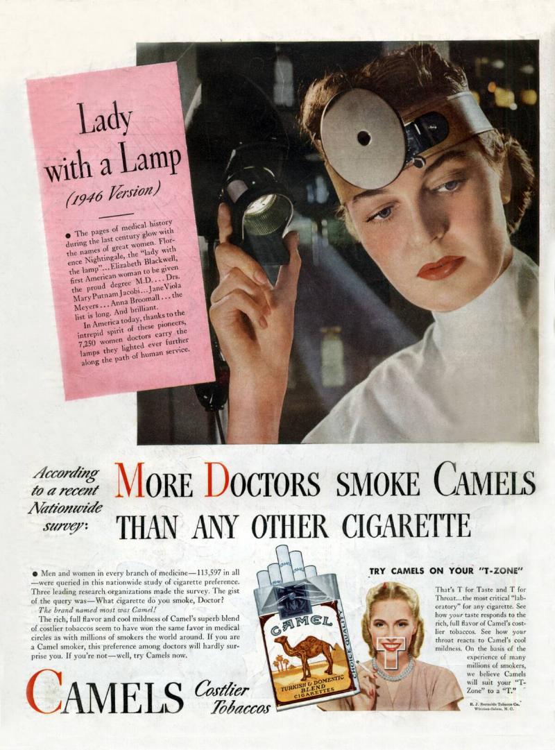 More doctors smoke camels than any other cigarette, advertisement for cigarettes in 1946