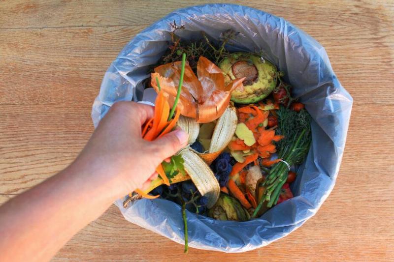Person off-screen throwing food scraps in the garbage