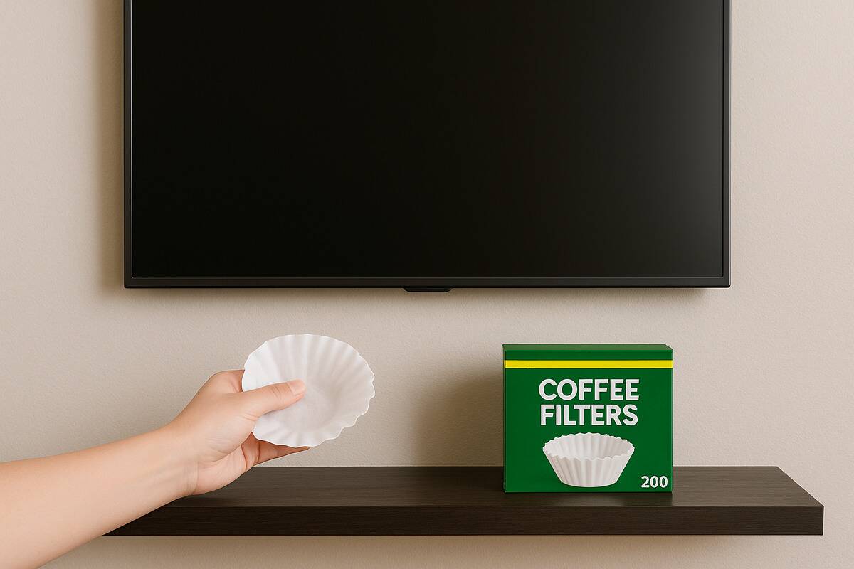 Coffee filters sitting under a TV.