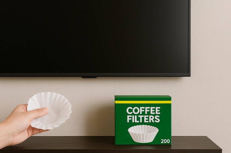 A box of coffee filters sitting under a TV. Coffee filters sitting under a TV.