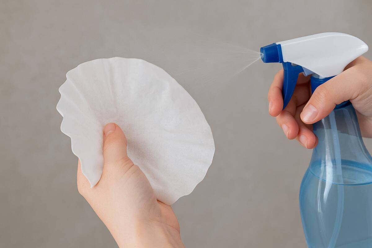 A spray bottle spraying on a coffee filter A spray bottle spraying on a coffee filter