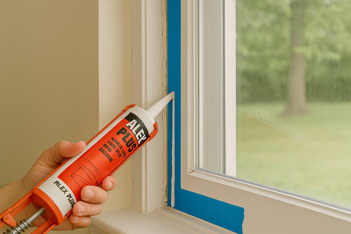 Caulk being applied to seal window cracks.
