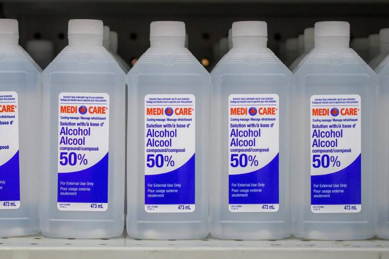 Rubbing alcohol on a shelf.