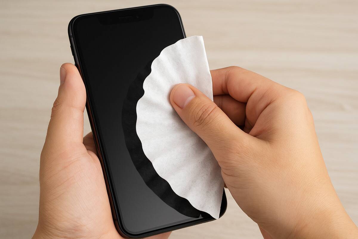 Iphone wipe A coffee filter being used to wipe the screen of a smartphone.