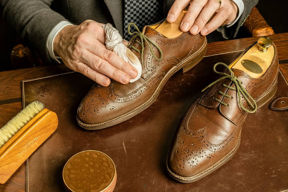 Old T shirt shoe polish A man using an old T-shirt to polish shoes.