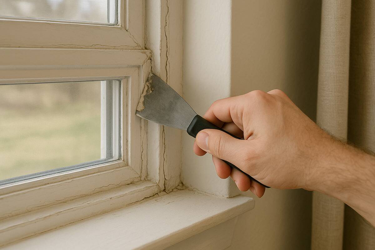 Scraper tool window A hand using a scraper tool to remove old caulk.