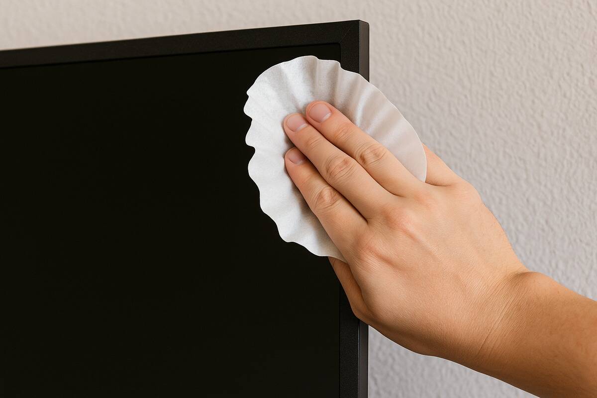 A hand using a coffee filter to wipe a modern TV.
