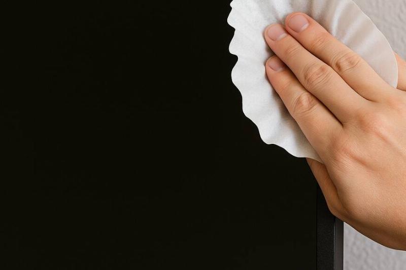 TV wipe filter A hand using a coffee filter to wipe a modern TV.